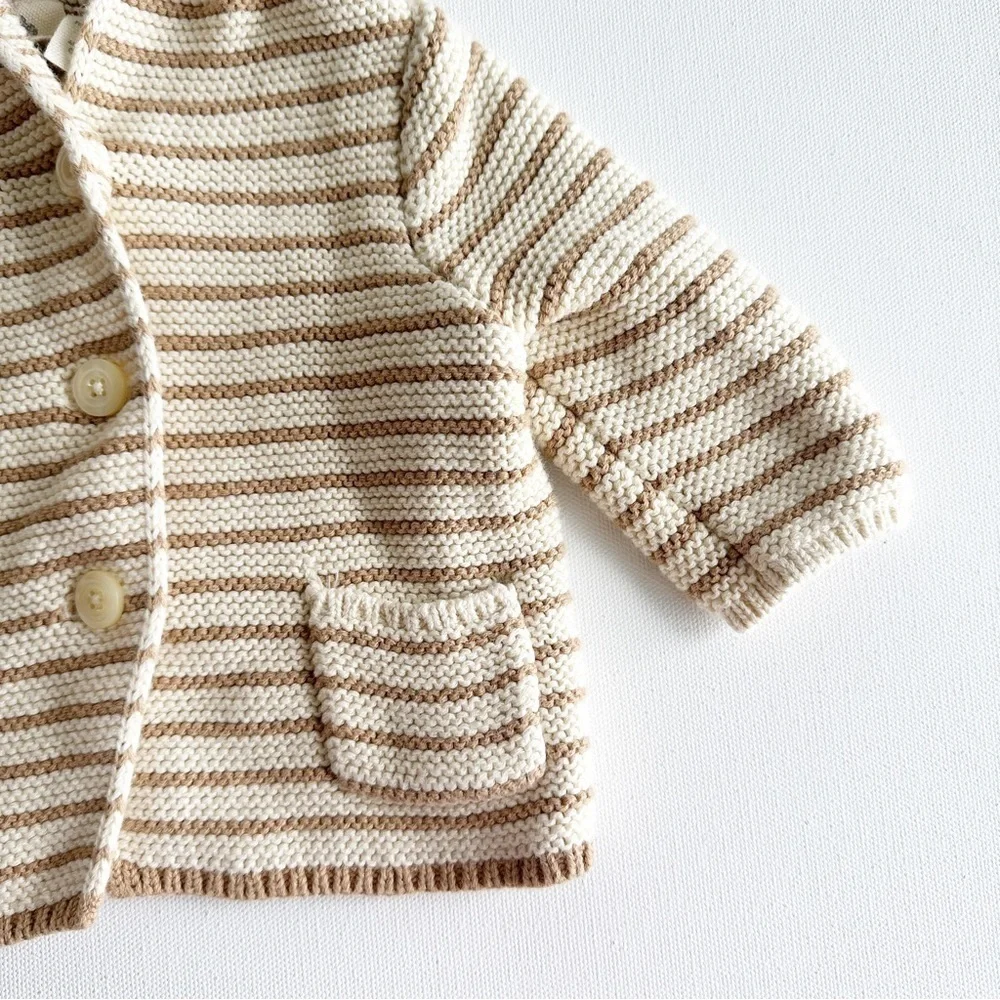 Baby Gap Baby Bear Garter Cardigan Sweater Oatmeal Stripe Size 0-3 Months